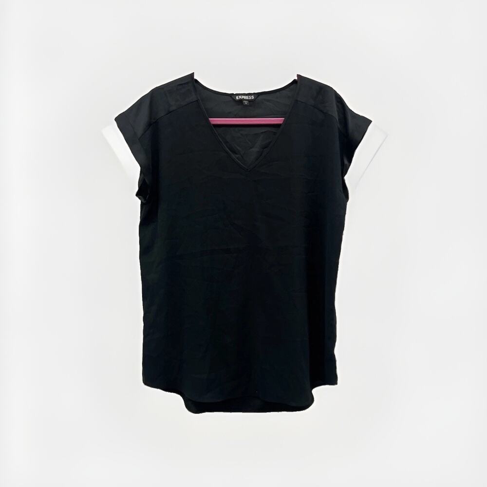 Express Women's Black Solid Blouse L V-Neck Short Sleeve Contrast Trim